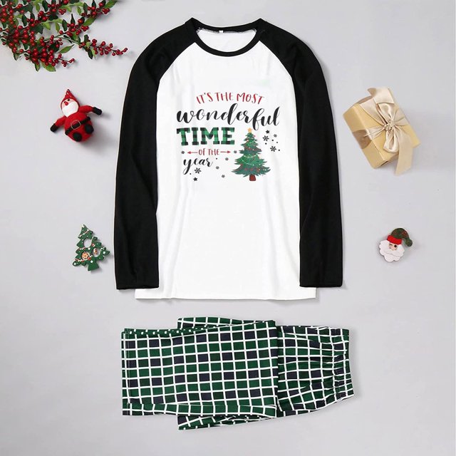 Pyjamas de Noël Assortis pour la Famille Noël Hommes Papa Blouse Imprimée Col Rond Hauts+pantalons Ensemble de Pyjamas Assortis pour la Famille Pyjamas pour Femmes en Liquidation