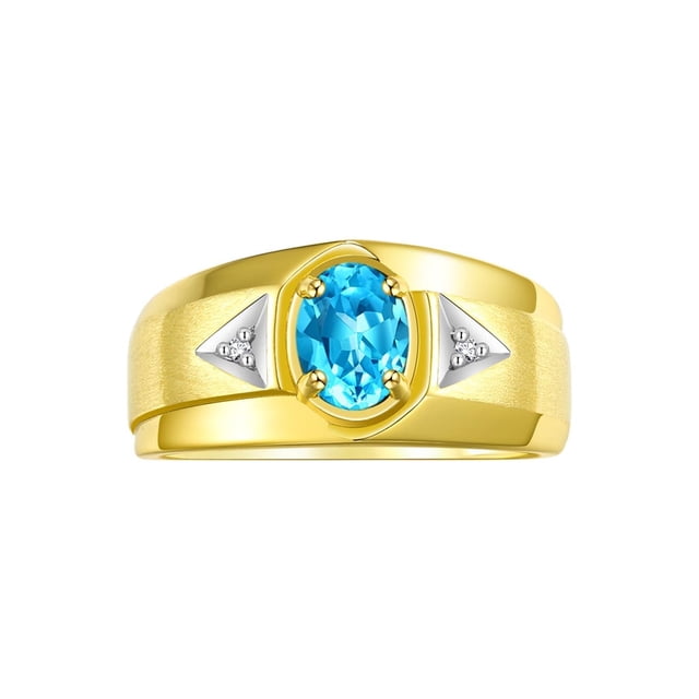 RYLOS Men's Rings 14K Yellow Gold Classic 7X5MM Oval Gemstone & Diamond Ring Blue Topaz December Birthstone Rings For Men, Gold Rings Size 10