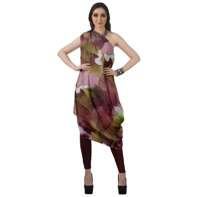 Moomaya Robe Kurti à une Épaule Imprimée pour Femme, Sans Manches, à Col Bénitier, Style Bohème, Tenue de Soirée de Designer