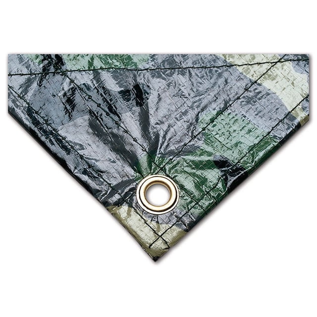 Bâche de Camouflage Mondialement Célèbre - Gros Plan 20 Pieds x 30 Pieds d'Un Coin avec un Oeillet en Métal, Montrant un Polyéthylène ripstop Tissé Robuste en Camouflage Vert, Noir et beige. Imperméable, Résistant aux Déchirures et à la Moisissure, Convient au camping, aux Stores de Prise de Vue Ou aux Couvre-Bateaux.