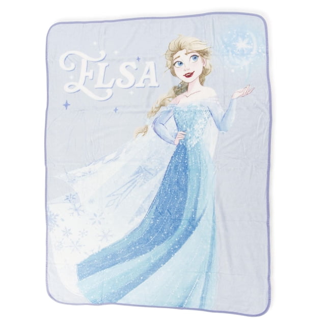 Frozen 'Elsa' Kids Plush Fleece Throw measuring 46 by 60 inches, made of 100% polyester coral fleece, featuring a large image of Elsa in her blue gown with snowflake patterns on a light purple background with purple edging, suitable for kids' bedding and cozy use.