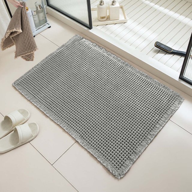 Waffle Bath Runner, Upgraded Waffle Runner Rug, Non Slip Washable Drying Boho Bathroom Bath Mat with Tassels for Hallway Shower Entry Farmhouse Home Decor, Double-Sided Use (Light Grey, 24*36in)