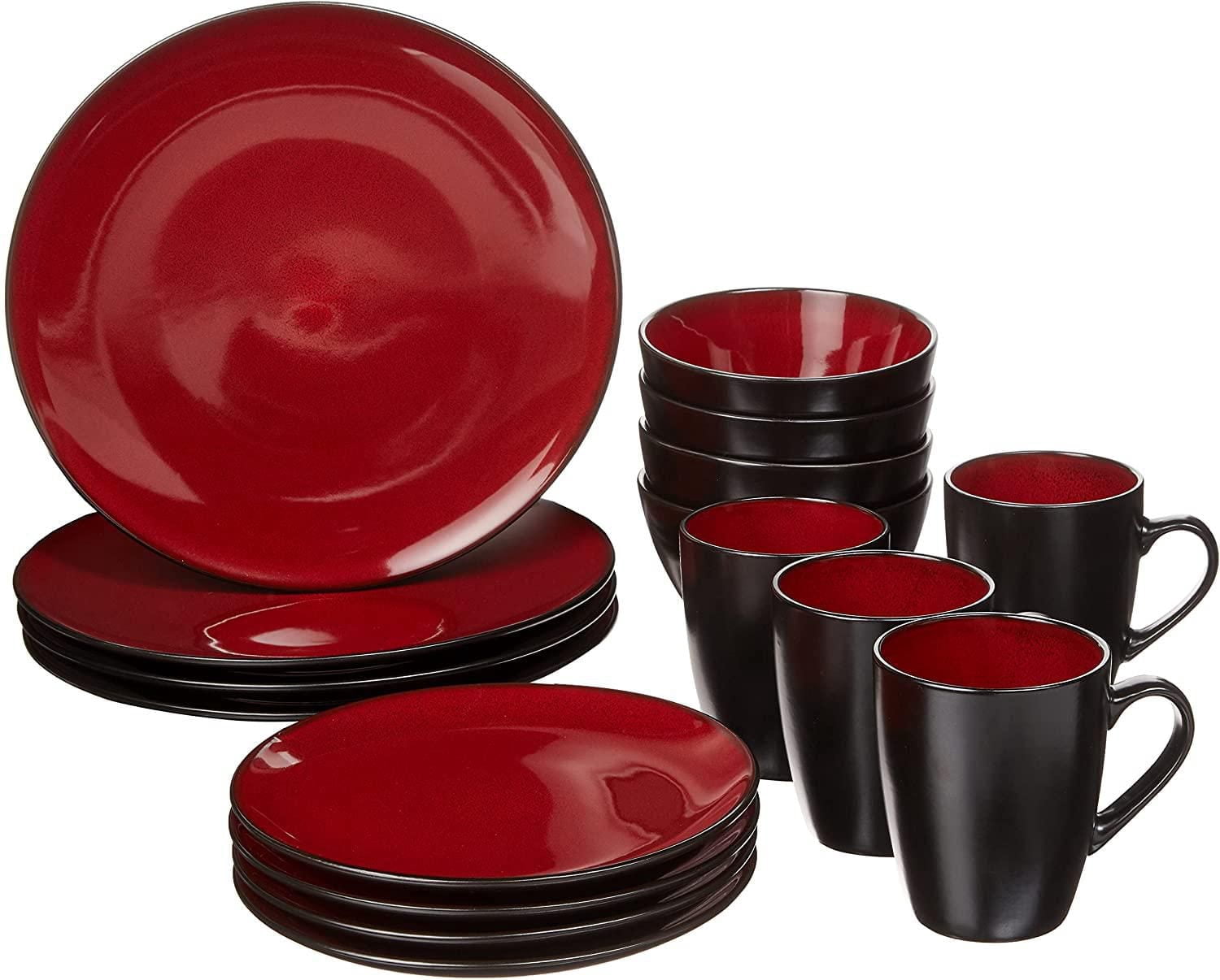 Gibson Home Soho 16 Piece Round Stoneware Dinnerware Set, Burgundy & Black