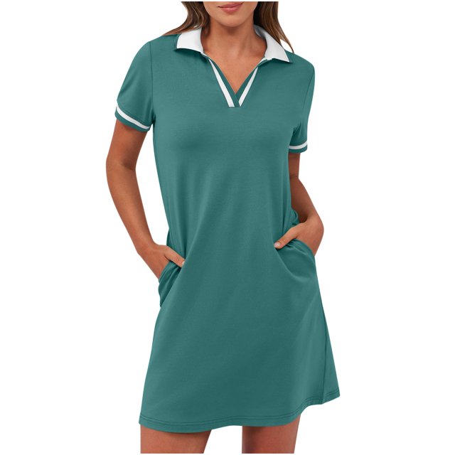 Dvprdro Robes pour Femmes Mode Classique Uni à Manches Courtes Robe Mini Décontractée d'Été Tennis Golf Robe Chemise avec Poches