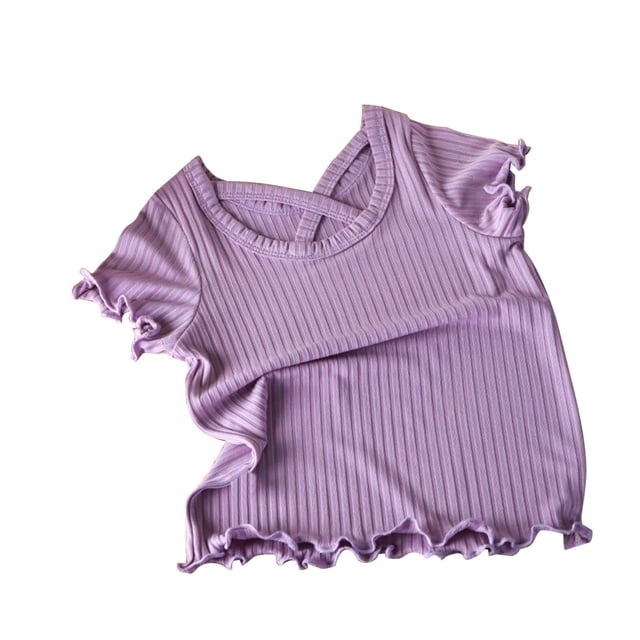 Plebaso Top for Kids Short Sleeve Round Neck Ruffled Ice Silk T-shirt for Girls Baby Summer Clothes. This toddler girl top features a light purple ribbed texture with short sleeves, a round neckline, and ruffled edges. Made from a cotton blend, it is soft, slightly stretchy, and lightweight, ensuring comfort for daily wear or special occasions. Suitable for pairing with leggings, jeans, or skirts, and available in sizes for toddlers aged 12 months to 8 years.