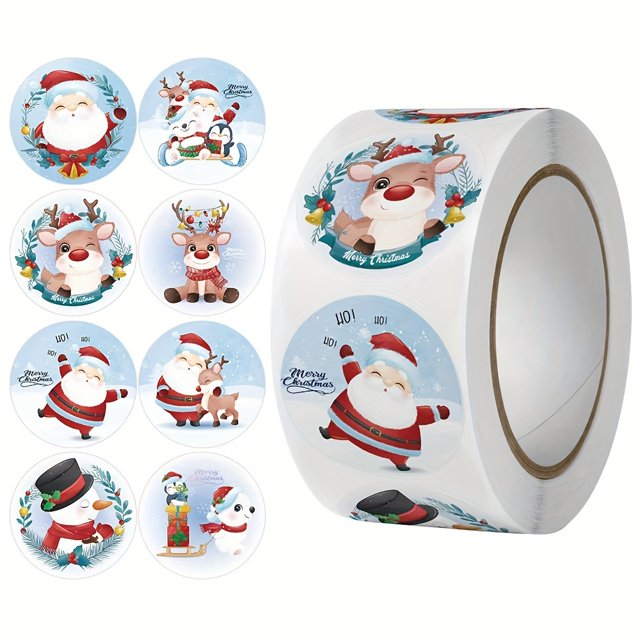 500-Count Christmas Holiday Themed Self-Adhesive Gift Seal Labels, Round Paper Seals with Matte Finish, Assorted Cartoon Designs for Packaging Decoration and Rewards