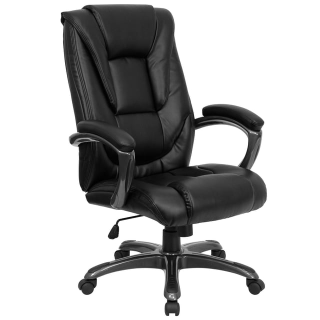 High Back Black Leather Layered Upholstered Executive Swivel Chair with Smoke Metal Base and Padded Arms