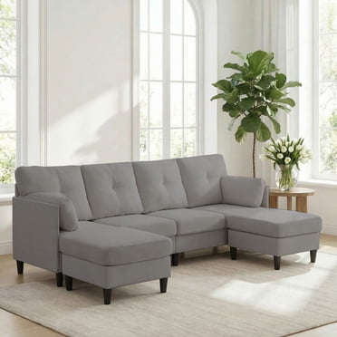 Mjkone U-Shaped Sectional Sofa,Ice Velvet Couch with Double Ottomans,4 Seat Sectional Sofa for Living Room,Light Gray