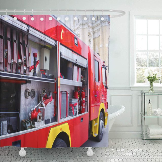 SUTTOM Red Rescue Fire Truck and Its Complete Equipment Engines Shower Curtain 66x72 inch