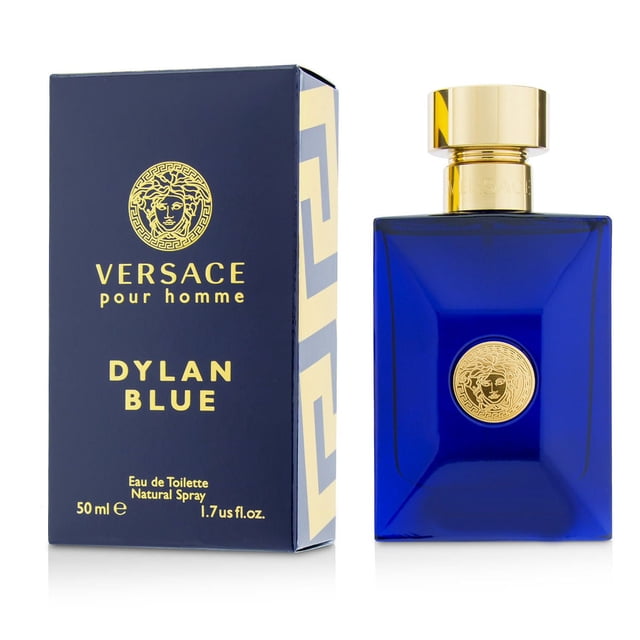 Versace Dylan Blue Pourhomme Edt Spray 50 ml showing a cobalt blue rectangular glass bottle with a gold Medusa emblem and gold cap, alongside its navy blue box with gold Versace branding and product details, a men's aromatic fougere fragrance with aquatic and woody notes, often used for daily wear.