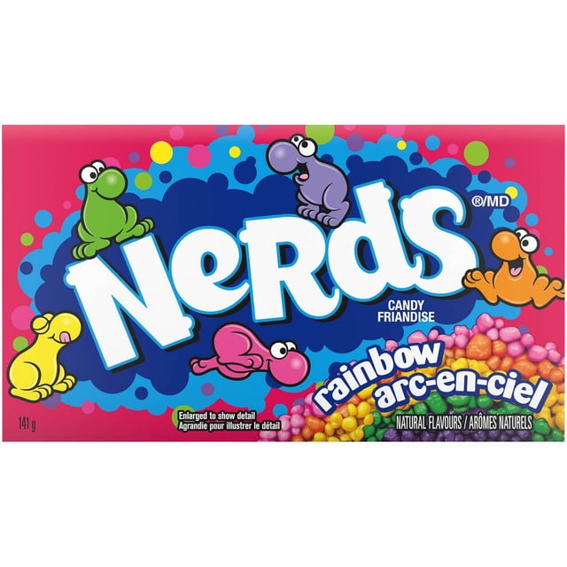 Nerds Rainbow Tiny Tangy Crunchy Candy theatre box with multicolour tiny crunchy candies in pink, orange, yellow, and green visible on the right, featuring playful cartoon characters on a bright pink and blue background, 141 g, containing natural flavours, ideal for snacking, sharing, or decorating desserts.