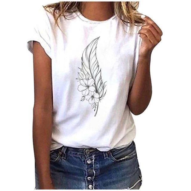 LSLJS T-Shirts pour Femmes Mode Femmes T-Shirt à Manches Courtes Imprimé Plume Haut Décontracté Tee Blouse