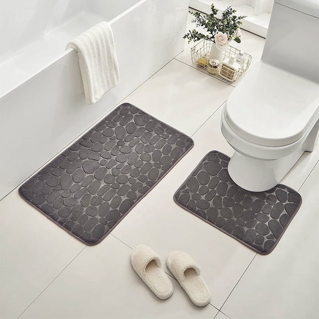 Bathroom Rug Set 2 Piece Soft Foam Bath Mat with U-Shaped Toilet Seat Cushion Non-Slip Backing Microfiber Thick Absorbent Machine Washable Comfort Floor Mats Contoured Bathroom Mat Set