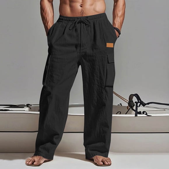 Mceream Mens Linen Cargo Pants Elastic Drawstring Waist Lightweight Summer Beach Pants Solid Color Casual Straight Trousers Ropa De Hombre Black XL