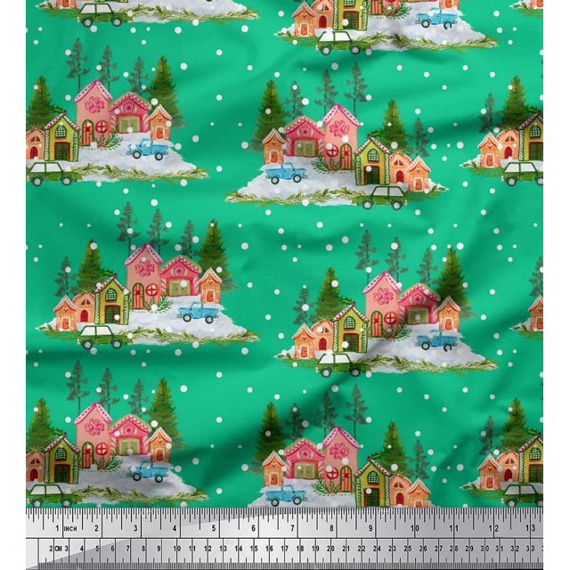 Soimoi Satin Silk Fabric House,Snowfall & Tree Nature Printed Craft Fabric by The Yard 42 Inch Wide