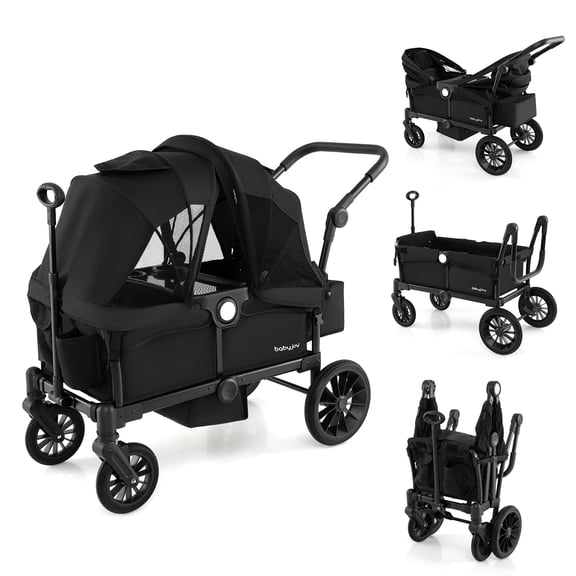 Gymax Poussette-Wagon pour 2 Enfants, Poussette Double à Pousser et Tirer avec Poignée Réglable, Noire