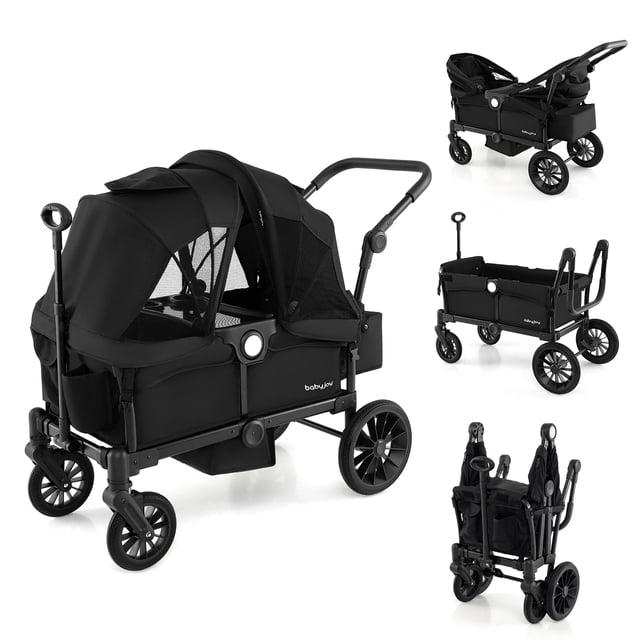 Gymax Poussette-Wagon pour 2 Enfants, Poussette Double à Pousser et Tirer avec Poignée Réglable, Noire