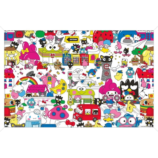 Hello Kitty and Friends : Hello - Affiche Murale de Groupe, 22,375 Po x 34 Po, une Impression Murale Colorée Mettant en Vedette des Personnages Sanrio comme Hello Kitty, My Melody, Keroppi et Badtz-Maru dans une Scène Urbaine Ludique avec des Maisons, un Autobus Rouge et des Détails Fantaisistes, Imprimée sur Papier Lustré pour une Déco de Pièce Vibrante, Convient aux Chambres, Bureaux, Dortoirs et Espaces de Fête.