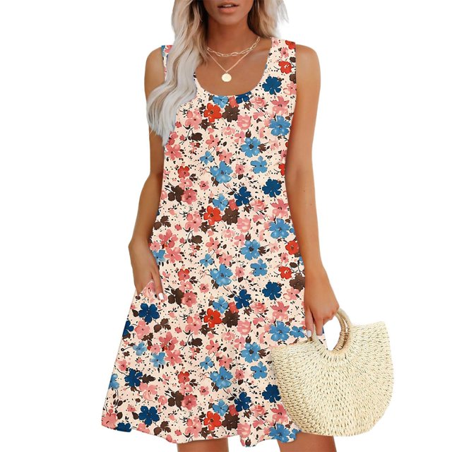 Ovzne Robes pour Femmes Robe de Plage Femme Décontractée Ample Été Robe Imprimée Sans Manches Col en V Ensemble Haut/chemise Robe d'Été Imprimée Liquidation