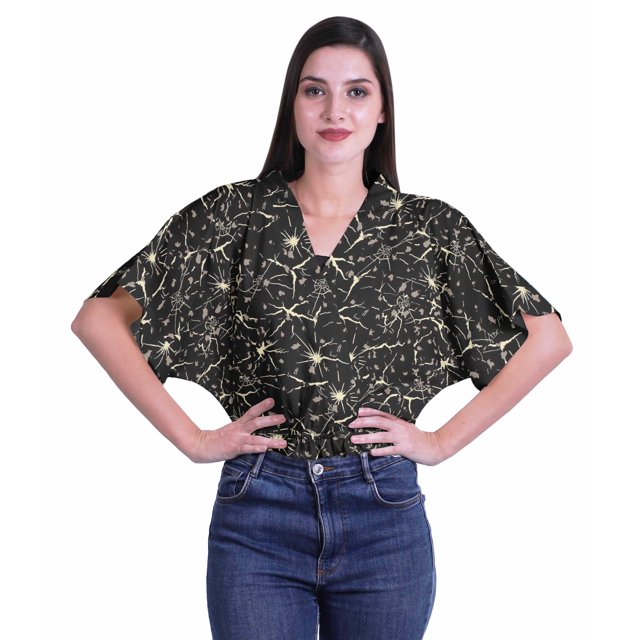 Moomaya Hauts à Manches Boxy Imprimés pour Femmes, Col en V, Taille Élastique, Kimono