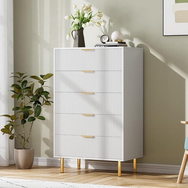 Yiwa Commode Moderne à 5 Tiroirs, Armoire de Rangement en Bois avec Poignée Dorée pour Couloir, Entrée, Chambre
