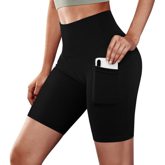PEZHADA Women's High Waist Compression Yoga Shorts, Black, Size L