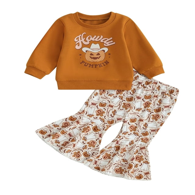 Ensemble d'Halloween à la Mode pour Filles, Chandail à Imprimé Citrouille et Pantalon Évasé