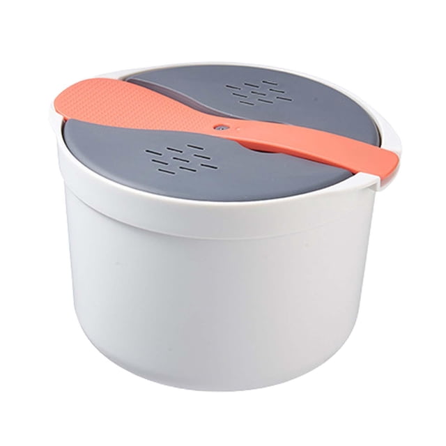Cuiseur à Riz pour Micro-Ondes, Casserole Vapeur d'Une Capacité de 2 L, avec une base Blanche, un Couvercle Ventilé Gris et une Cuillère Antiadhésive orange Posée sur le Dessus. Idéal pour Cuire du Riz, des Pâtes, des Légumes, du Gruau et des Soupes. Batterie de Cuisine Compacte pour Micro-Ondes avec Nettoyage Facile et Prévention des Déversements.