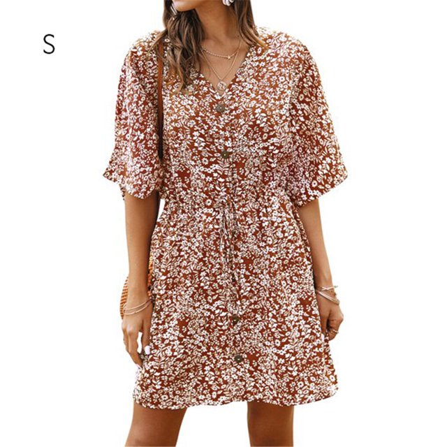 Robe Femme Col en V Vêtements d'Été Robe Imprimée Florale Manches Courtes, Orange, P