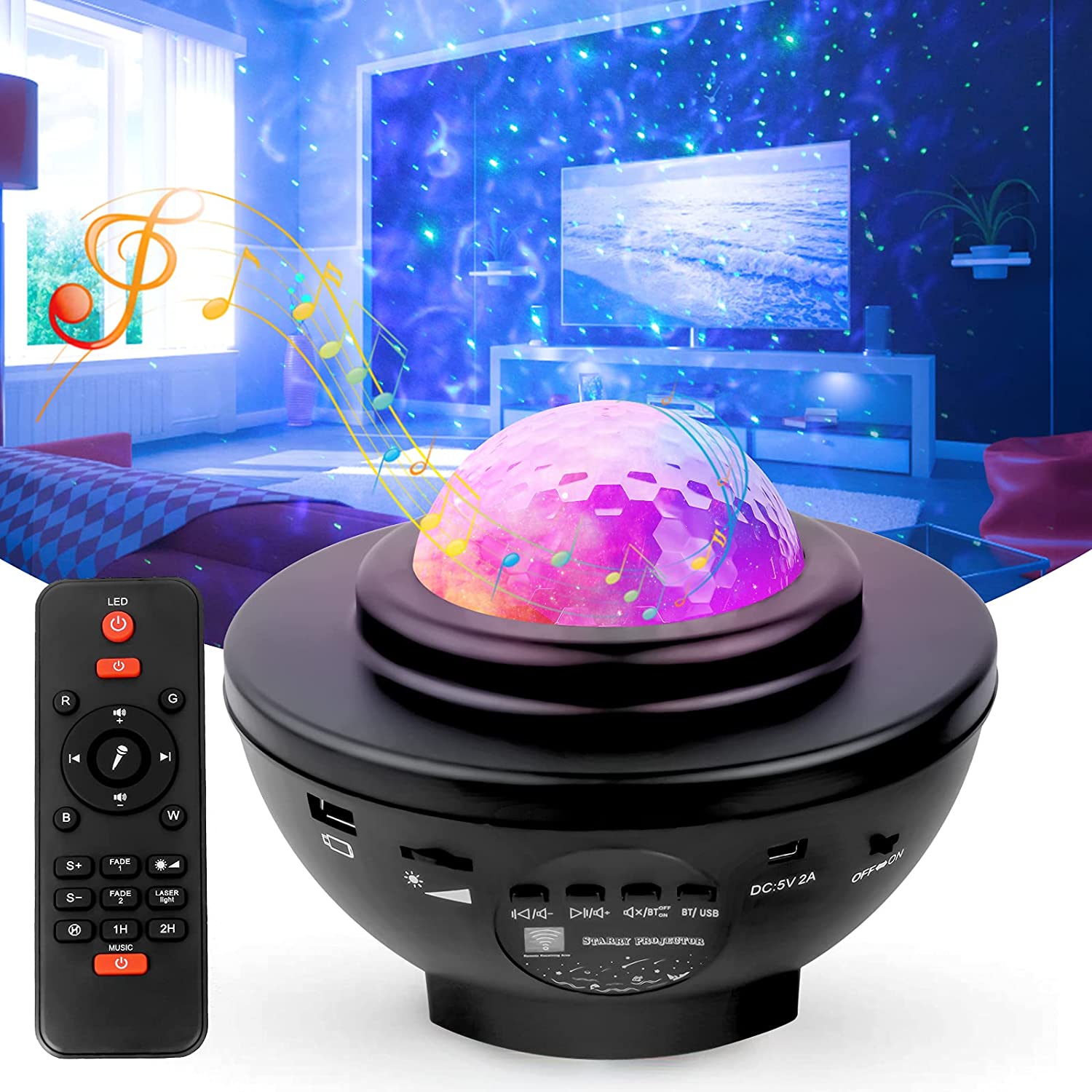 Projecteur d'Étoiles à DEL Lumière Galaxie Veilleuse Bluetooth 21 Modes d'Éclairage Luminosité Réglable Convient pour Fête Chambre Cadeau