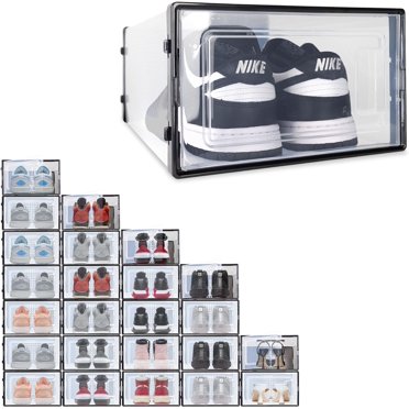 Ollie Drop Front Soft Plastic Shoe Box - Fits Up to Size 13 Mens - Storage Box Organizer, Shoe Organizers and Storage (Black- Medium, Pack of 24)