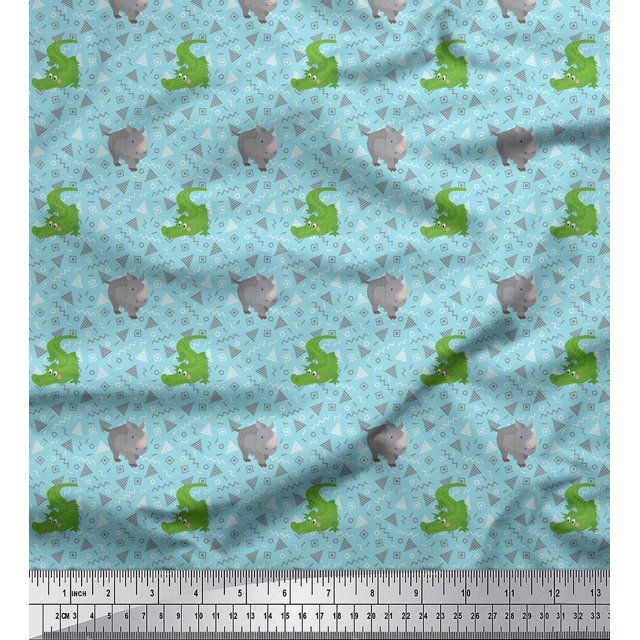 Soimoi Cotton Duck Fabric Geometric Shapes,Crocodile & Rhinoceros Kids Decor Fabric Printed Yard 56 Inch Wide