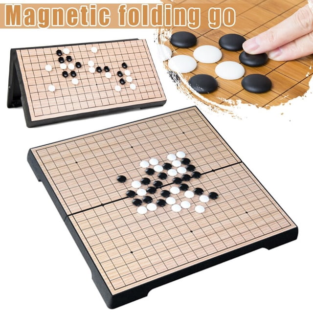 Old Board Game Checker Folding Table Magnetic Go Chess Set Portable Gift AN88 featuring a foldable wooden-style board with a magnetic grid and black and white Go pieces. The compact design allows for easy portability and storage, making it ideal for travel or gifting. The set includes 181 black and 180 white magnetic pieces, crafted with fine workmanship and durable plastic material.