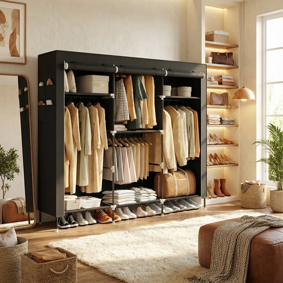 LEDREM Portable Closet, Fabric Wardrobe with 4 Hanging Rods, Clothes Rack with Shelves & Side Pockets, Large Capacity, Space-Saving, Black