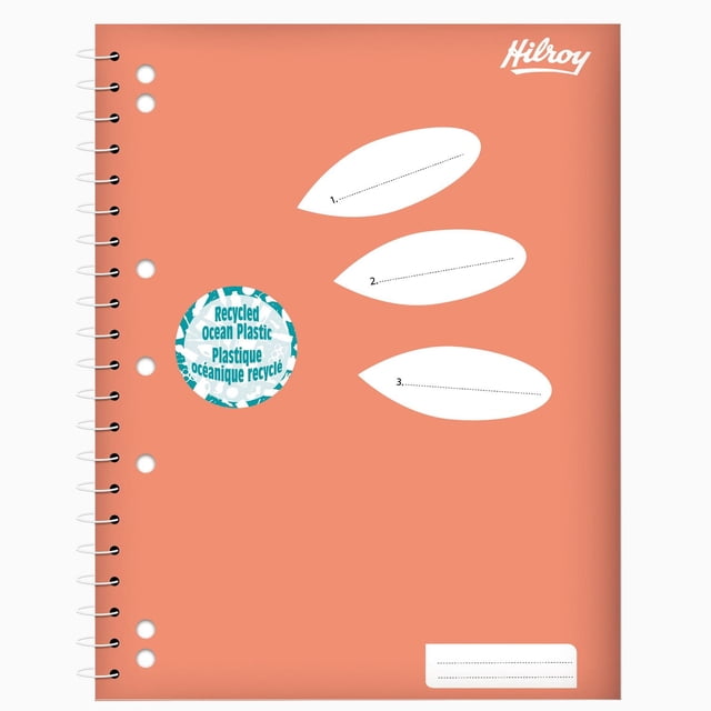 Hilroy Earth Friendly Notebook with coral cover made from 100% recycled ocean plastic, white spiral binding, three numbered white leaf-shaped labels on front, circular blue-white sticker stating recycled ocean plastic, and a small white rectangular label at bottom right, suitable for school or office note-taking.