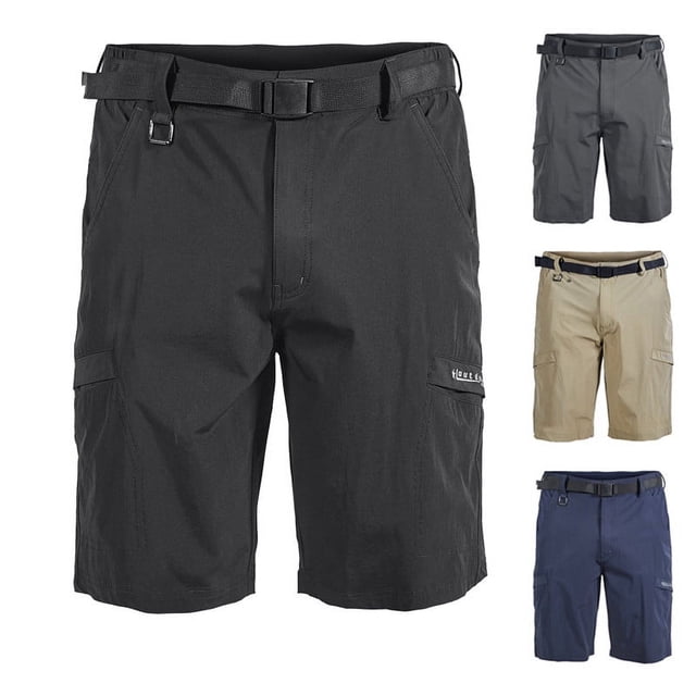 TopLLC Mens Shorts, Men's Quick Dry Shorts with a multi-pocket design, shown in black, beige, and navy blue. These nylon shorts feature a lightweight, breathable fabric, two side pockets, a back pocket, and an adjustable belt. Suitable for outdoor activities like hiking, training, and running. Available in medium size.