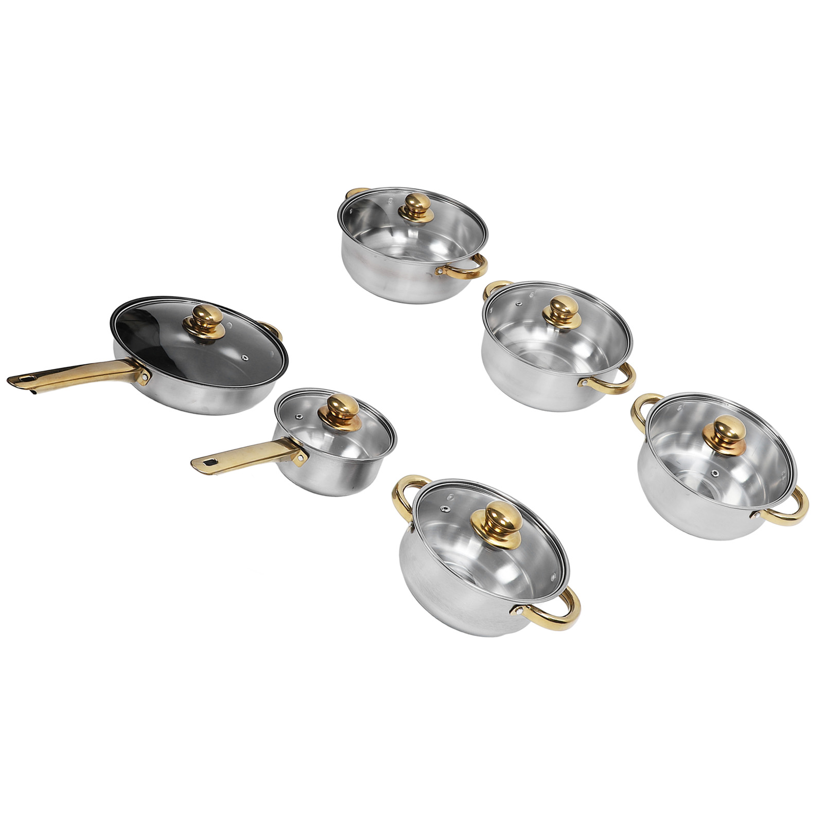 6 Pcs Kitchen Pots and Pans Set, Stainless Steel Golden Handle Non Stick Cookware Set Soup Pots Milk Pot Kettle, Tempered Glass Lids Dishwasher and Oven Safe Kitchen Utensils