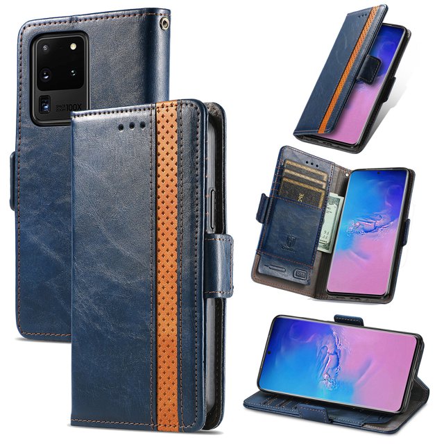 Case for Samsung Galaxy S20 Ultra 5G featuring a blue leather wallet folio book-style design with magnetic closure. The case includes three credit card slots, a cash compartment, and a flip stand for hands-free viewing. Made from premium PU leather with soft TPU interior for durability and shock resistance. Provides full access to phone functions and camera.