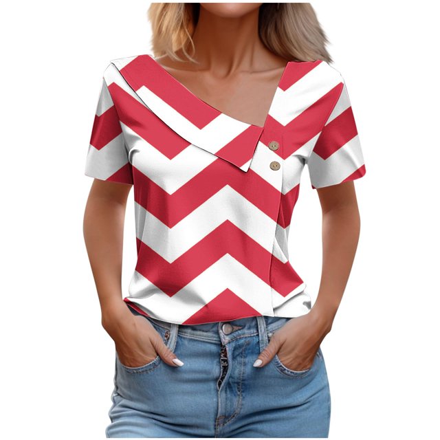 FAIWAD Women Summer Tops Short Sleeve Irregular V Neck Button T-Shirts Geometric Color Block Print Tees Blouses
