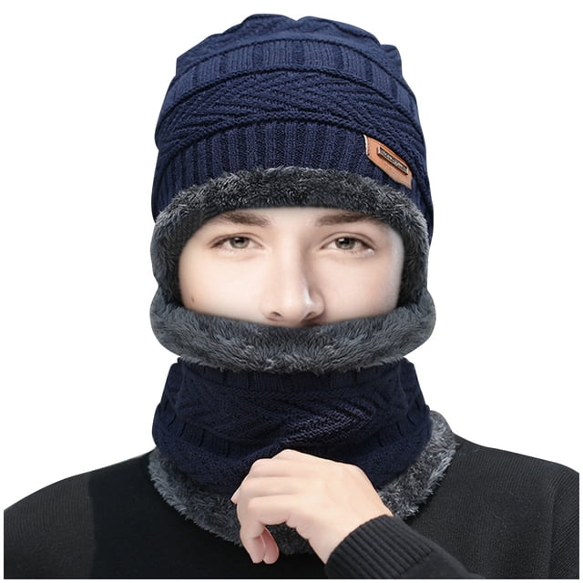 Winter Thermal Plush Hat Scarf Woolen Cap Cycling Windproof Cap Two-piece Suit in a dark blue color. The set includes a knitted hat with a thickened lining for warmth and a matching scarf that extends to cover the neck and lower face. Designed for unisex use, it provides all-round protection against cold and wind, making it ideal for outdoor activities like cycling, skiing, and hiking. The material is polyester cotton with a soft, plush texture.