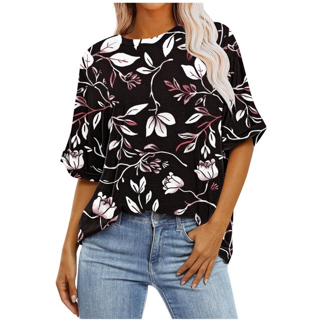 Pisexur Hauts d'Été pour Femmes Mode Décontractée Manches Courtes Col Rond T-Shirts Confortables Amples Surdimensionnés Imprimé Floral Blouses Hauts Mode T-Shirts Imprimés Graphiques Grande Taille Tops de Sortie P-5TG
