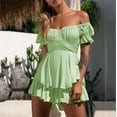 thumbnail image 4 of Kcodviy Women's Solid Color Ruffle Wide Leg Romper one Neck Short Sleeve Jumper for Women Casual Summer Europe and The United off Shoulder Rompers for Women States Straps Jumpsuit Shorts, 4 of 4