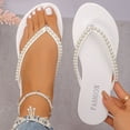 thumbnail image 2 of Sandales de Plage pour Femmes Semelle Plate Bride Perlée Sandales Décontractées de Plage d'Été Blanches, 2 of 9