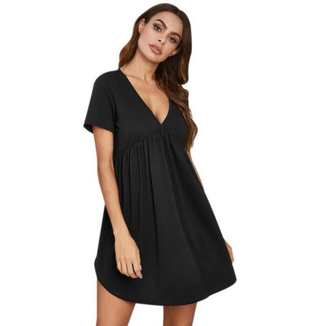 CNKOO Robe Mini Femme Manches Courtes Col en V Plissée Couleur Unie Tunique