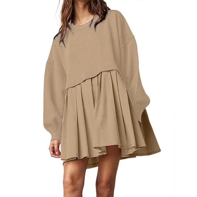 Womens Oversized Sweatshirt Dress Long Flowy Patchwork Pullover Tops Cute Drop Shoulder Sweatshirts Fall Long Sleeve Mini Dress Teen Girls Crewneck Solid Tunic Pleated Loose Clothing Beig