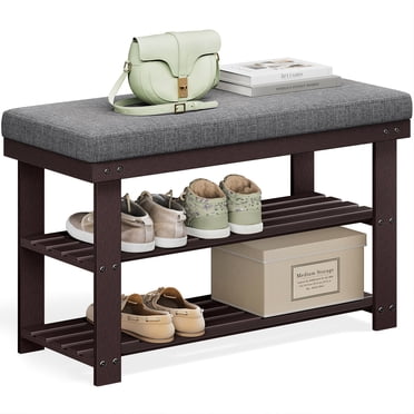 SONGMICS Bamboo Shoe Bench, 2-Tier Shoe Rack, 11.4 x 28 x 19.3 Inches, Brown and Gray