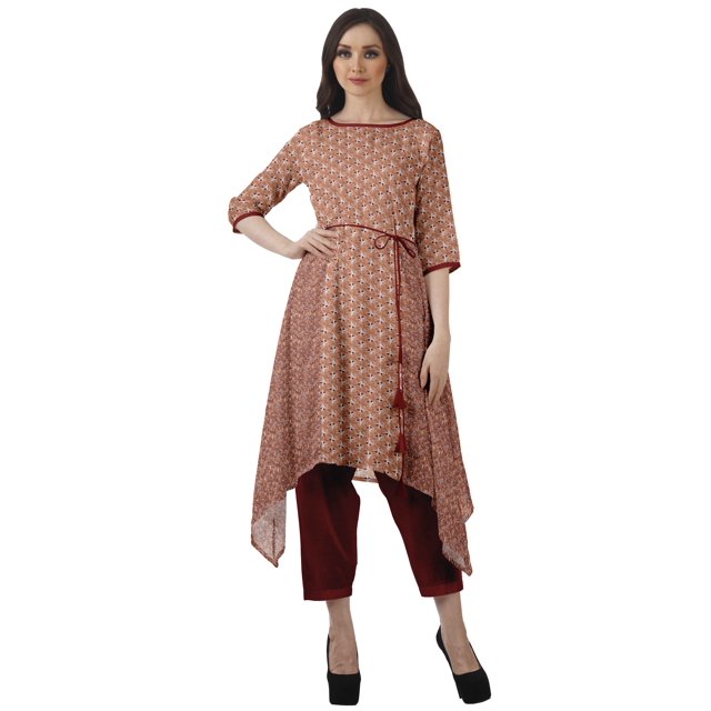 Moomaya Ensemble Tunique Indienne Haut et Pantalon Manches 3/4 Imprimé Kurta Kurti de Designer pour Femmes