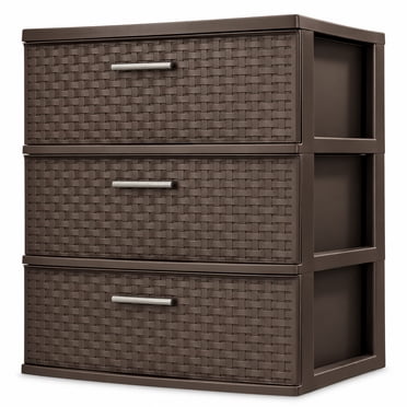 Sterilite 3 Drawer Wide Storage Tower, Plastic Weave Home Organizer, Espresso