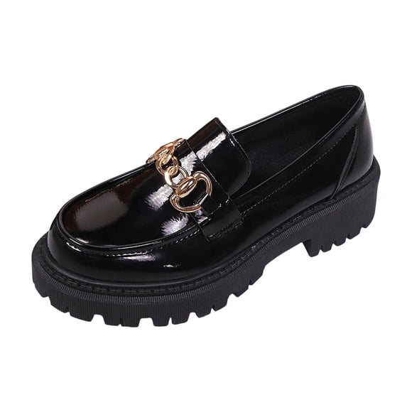 RXMEKW Glossy Leather Loafers for Women with 2.17-Inch Heel and Gold Chain Detail for Fall and Winter in Black