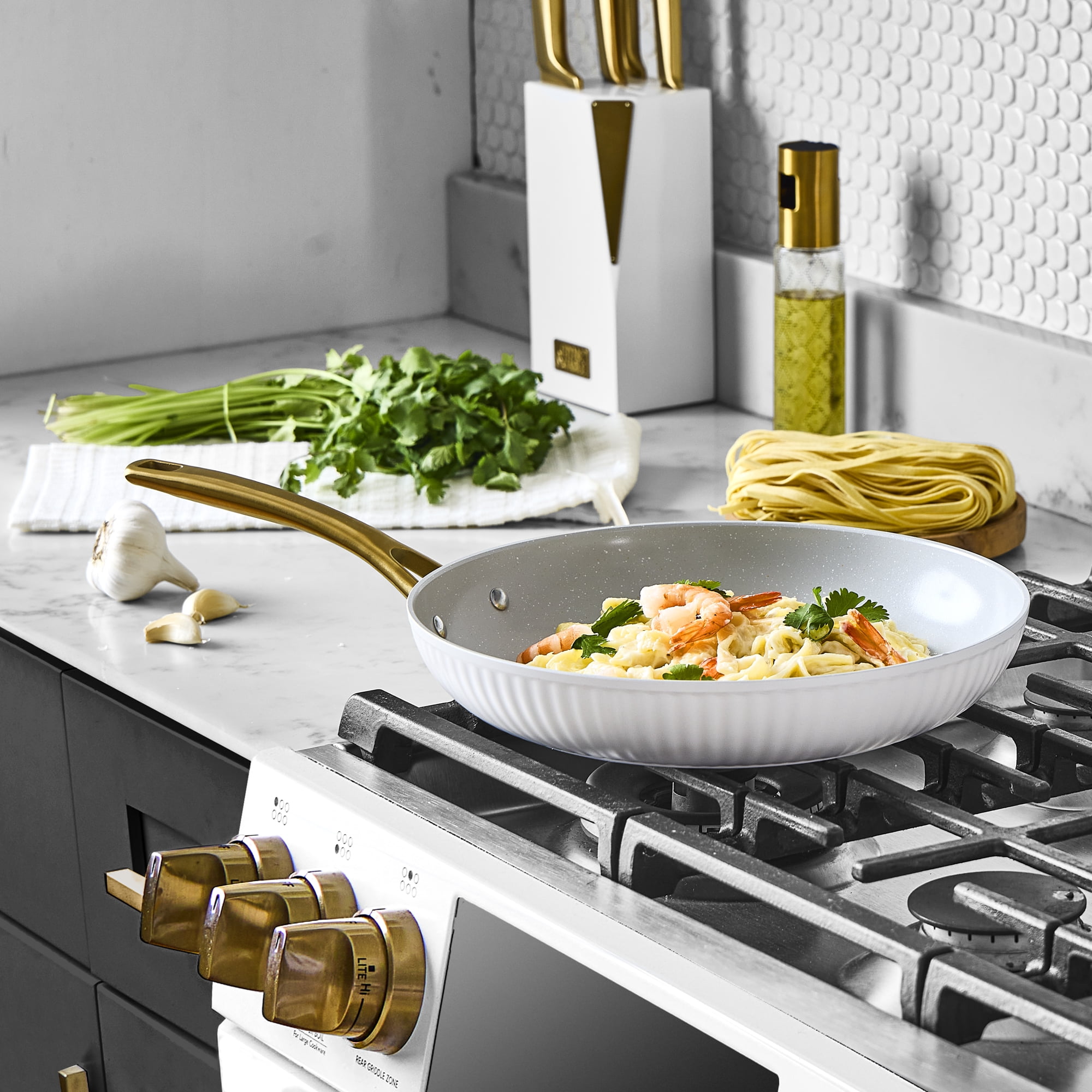 Thyme & Table 12" Non-Stick Signature Ribbed Fry Pan- White & Gold